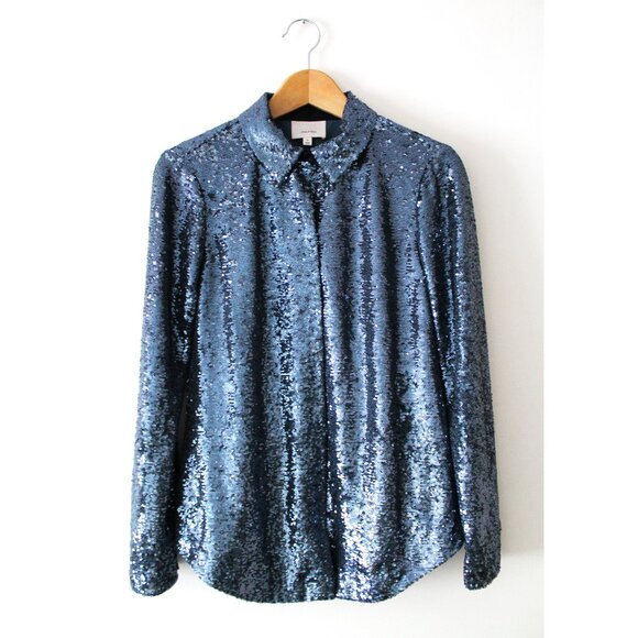 Cinq à Sept Isha Sequin Point Collar Shirt / Medium / Onyx Blue Blouse Holiday - Picture 5 of 12